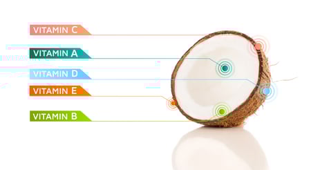 Healthy fruits with colorful vitamin symbols on white background