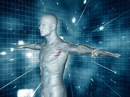 Medical human representation standing with arms raised on blue and black futuristic background